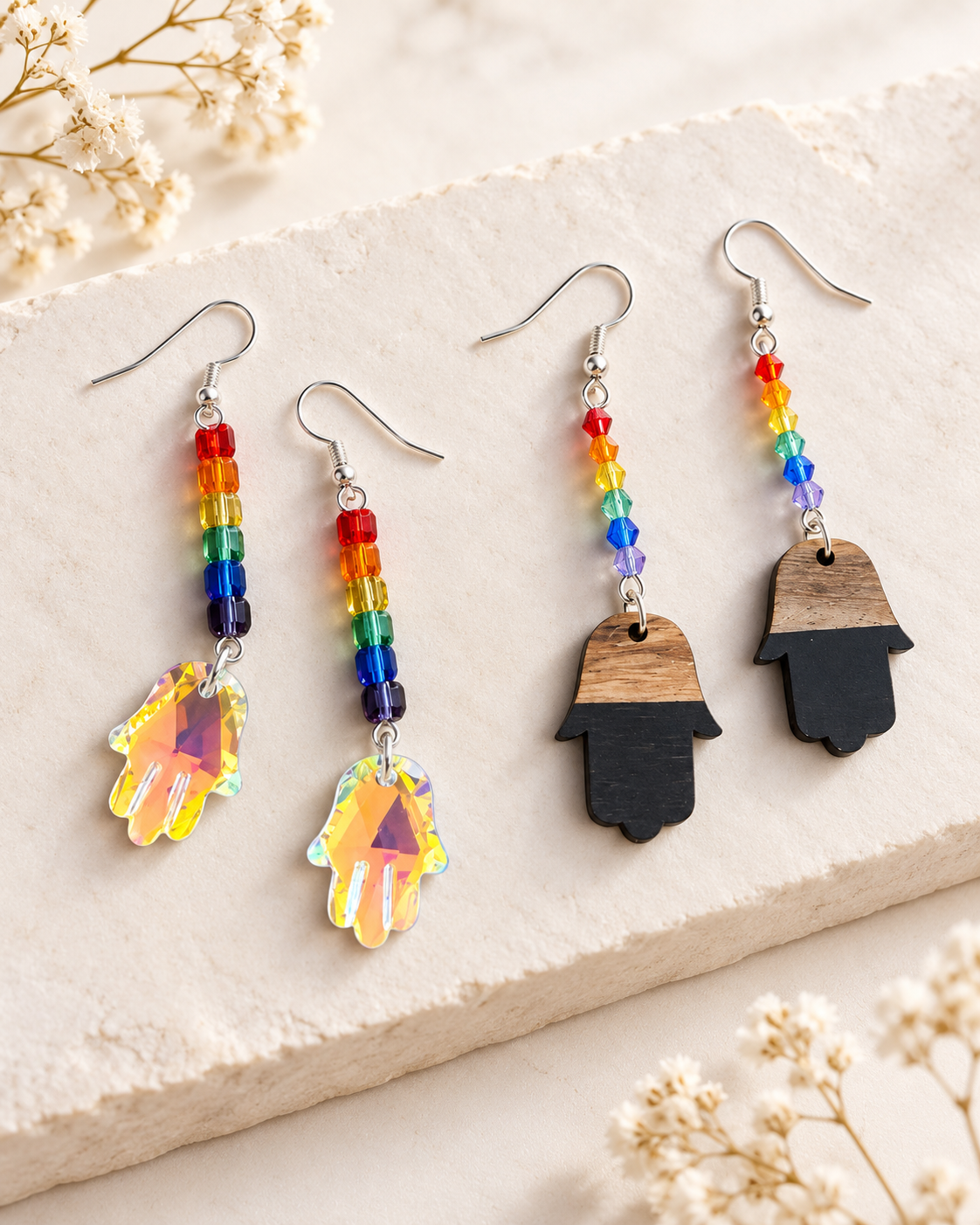 Rainbow Hamsa Earrings | Crystal & Wood Collection
