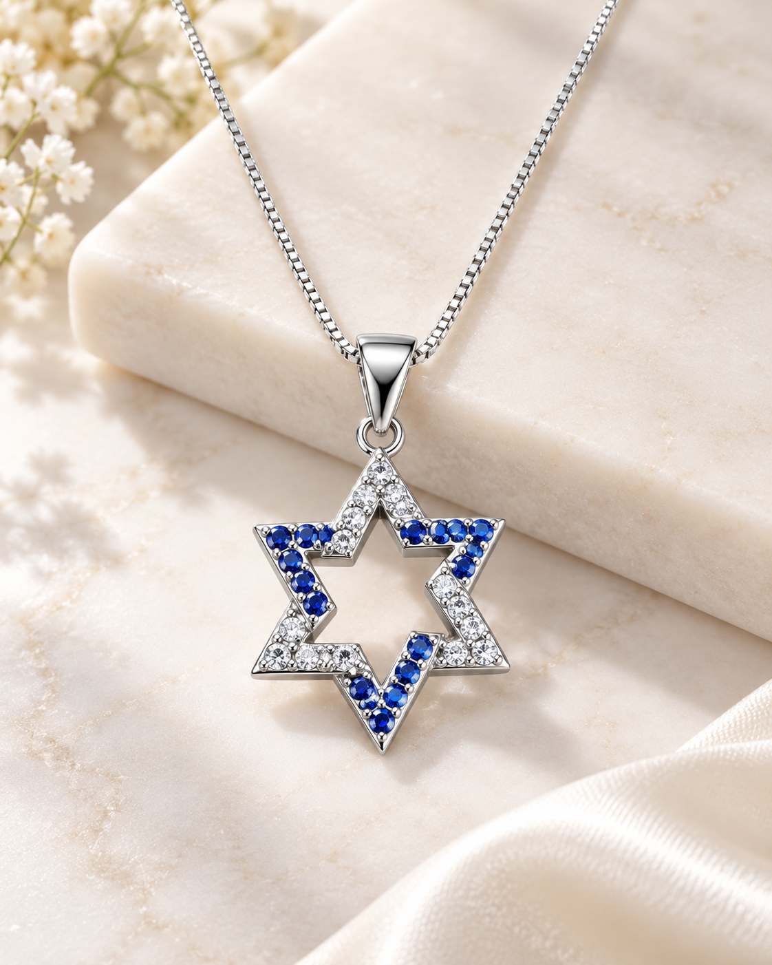 Blue & White Sterling Star of David Necklace
