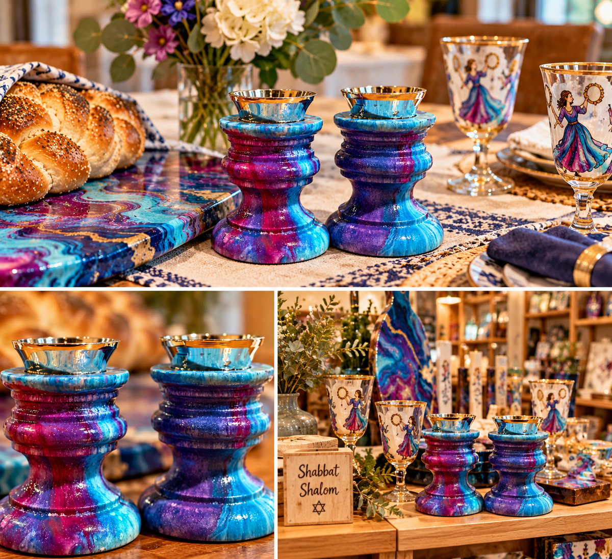Lilah Shabbat Candlesticks Hand-Painted Jewel-Tone Shabbat Candle Holders