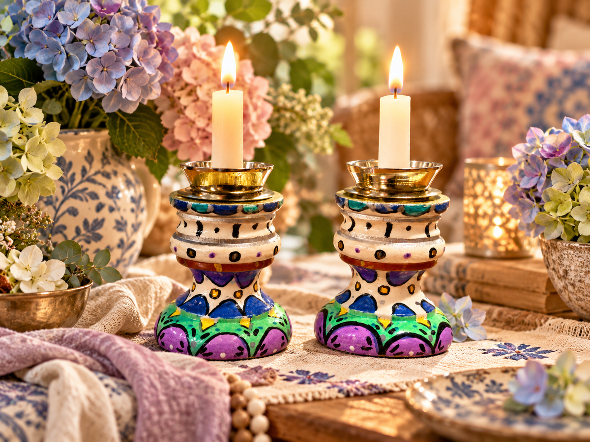 Aviva Hand-Painted Shabbat Candlesticks