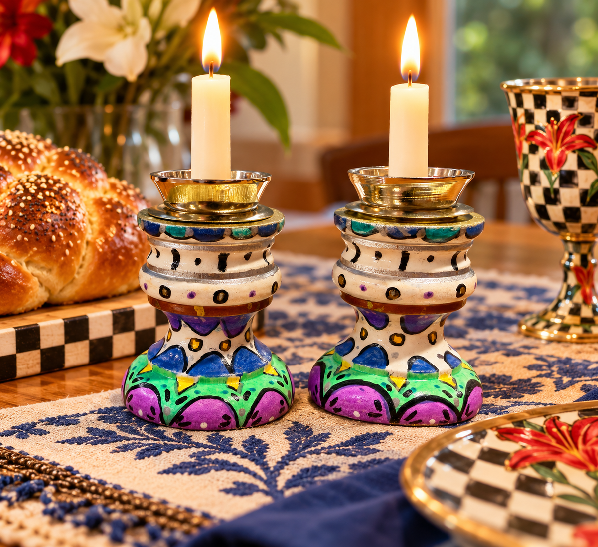 Aviva Hand-Painted Shabbat Candlesticks