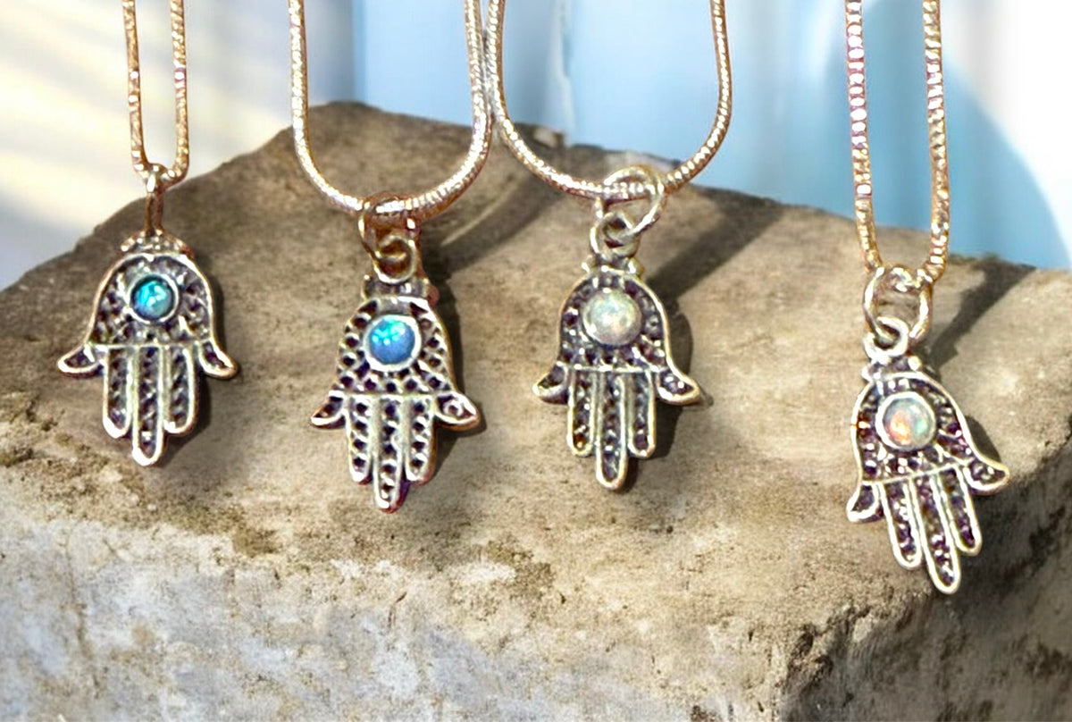 Sterling Silver filagree Hamsa with Opal Pendant Necklace