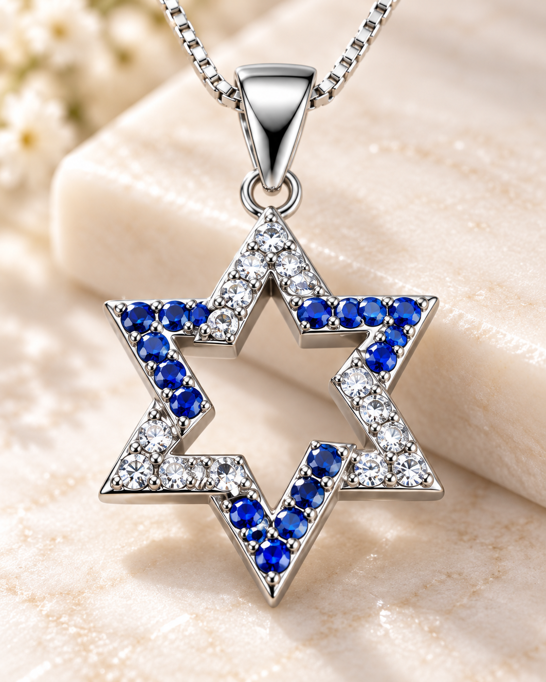 Blue & White Sterling Star of David Necklace