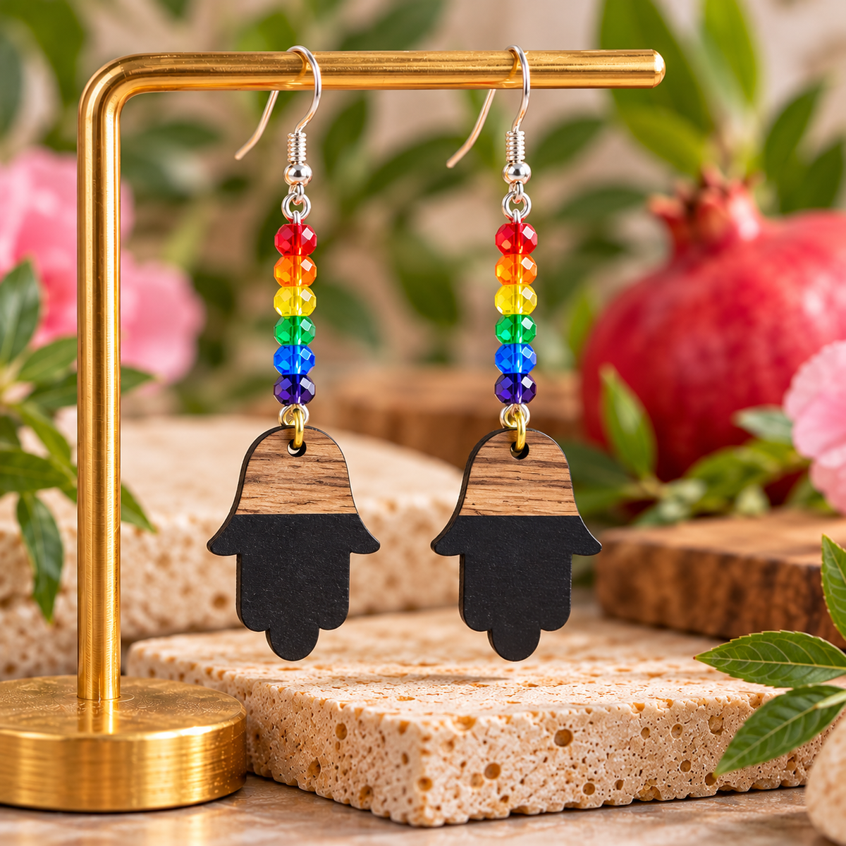 Rainbow Hamsa Earrings | Crystal & Wood Collection