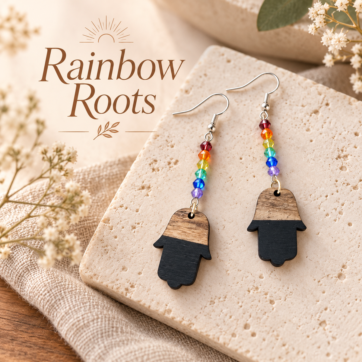 Rainbow Hamsa Earrings | Crystal & Wood Collection