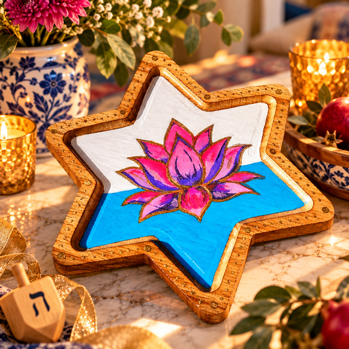 Lotus Star Serving Tray – Hand-Painted Wooden Star of David Tray
