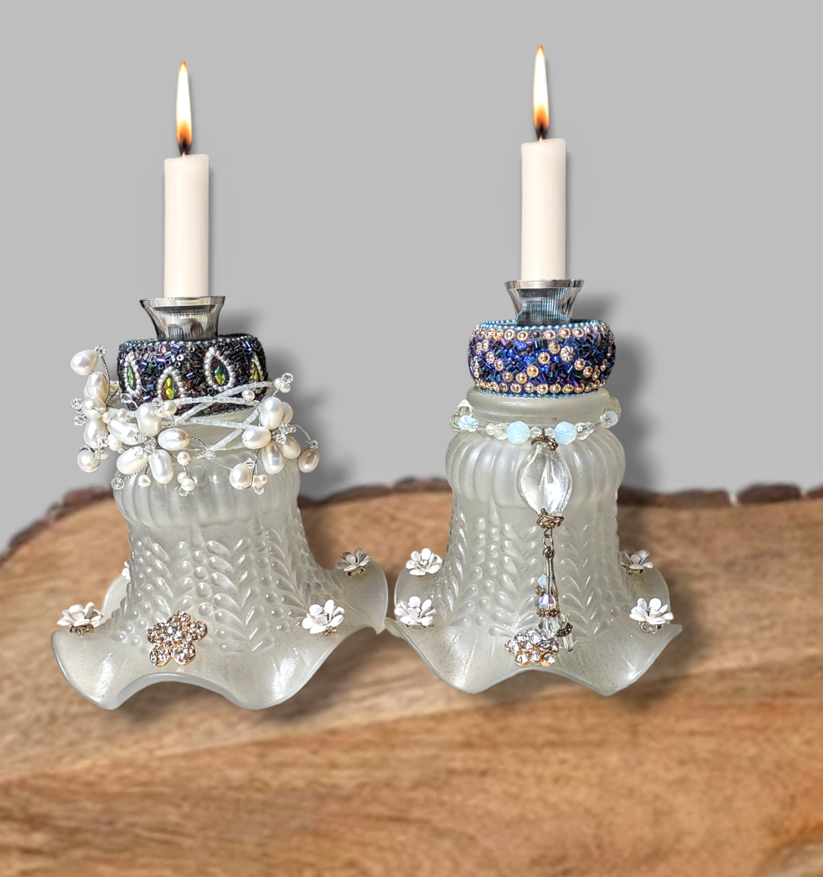 One-of-a-Kind Vintage Glass Shabbat Candlesticks | Upcycled Heirloom Judaica