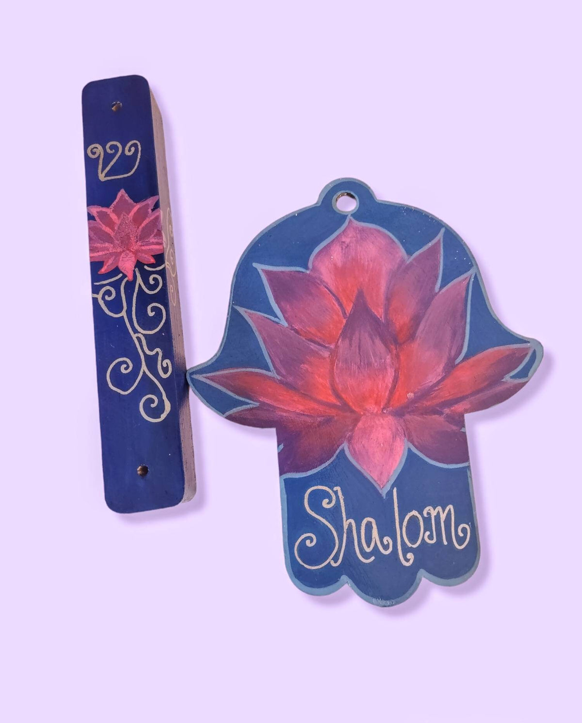 Hand-Painted Lotus Hamsa and Mezuzah – Jewish Housewarming Gift