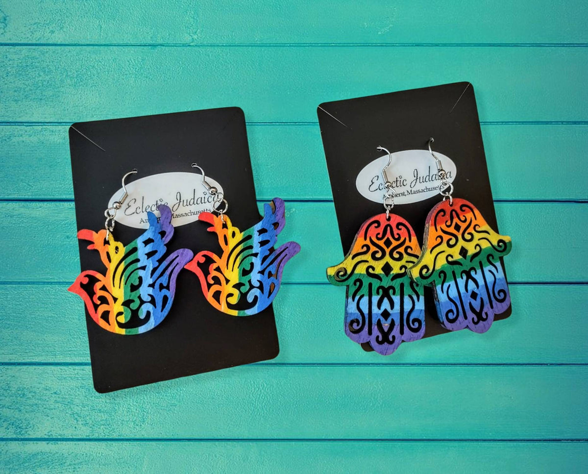 Handmade Wooden Rainbow Dove Earrings, Stainless Steel Hooks