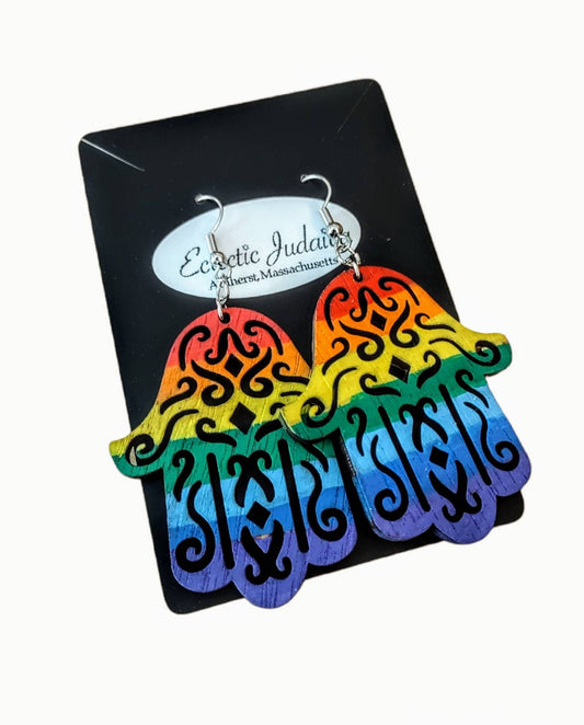 Rainbow Hamsa Wooden Earrings, Pride Jewelry, Jewish Gift