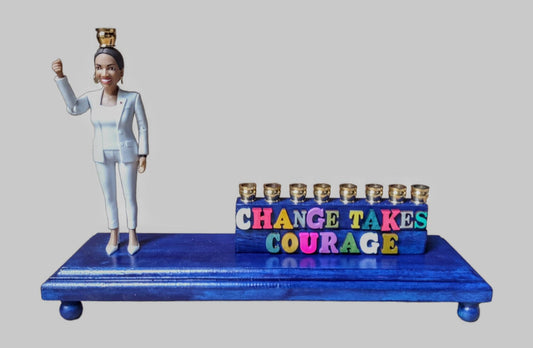 AOC “Change Takes Courage” Handmade Menorah, Political Judaica