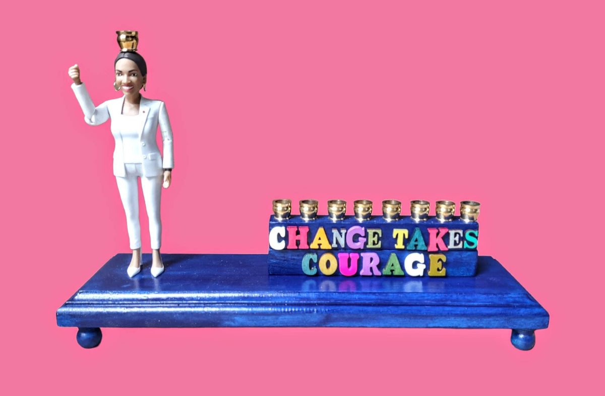 AOC “Change Takes Courage” Handmade Menorah, Political Judaica