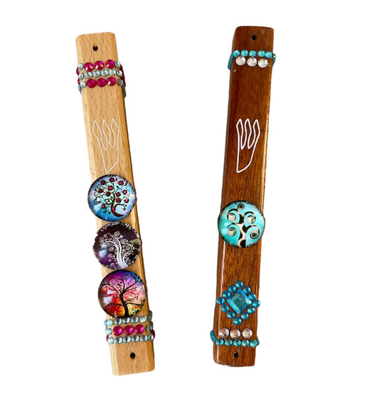 Wood Tree of Life Mezuzah Case with Rhinestones