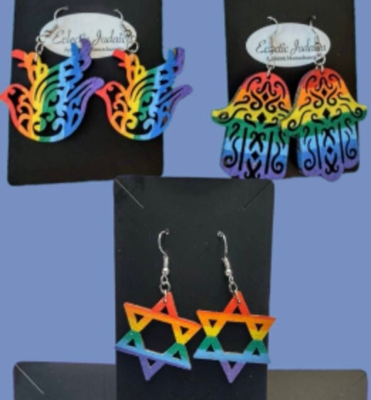 Rainbow Hamsa Wooden Earrings, Pride Jewelry, Jewish Gift