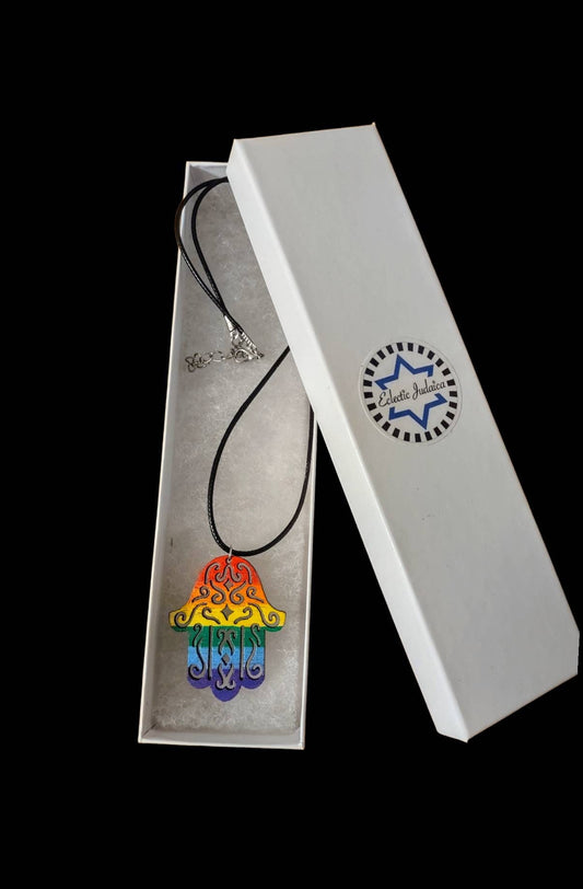 Rainbow Painted Wood Necklace, Choice of Hamsa or Star