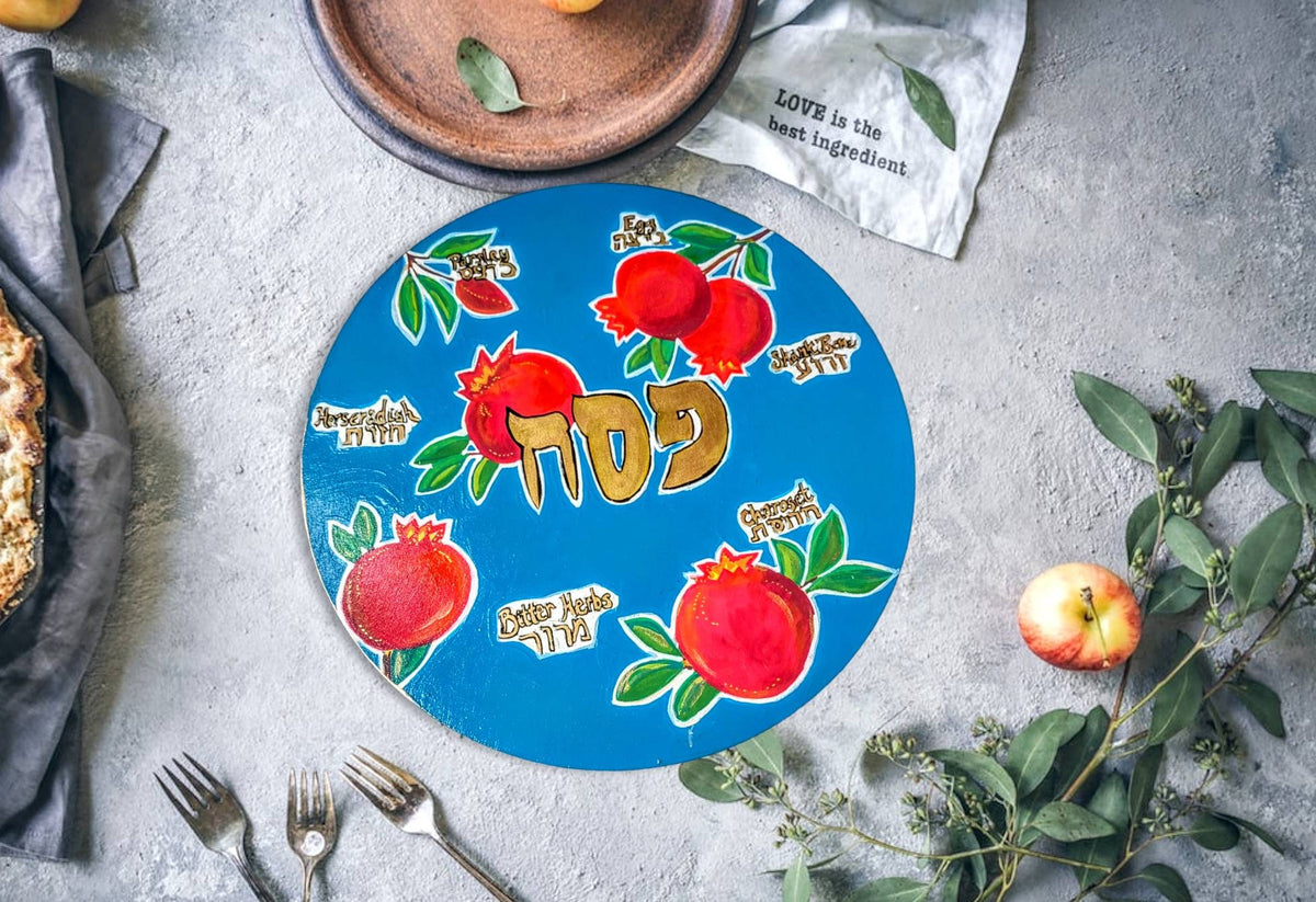 Hand-Painted Pomegranate Passover Seder Plate with Glass Bowls