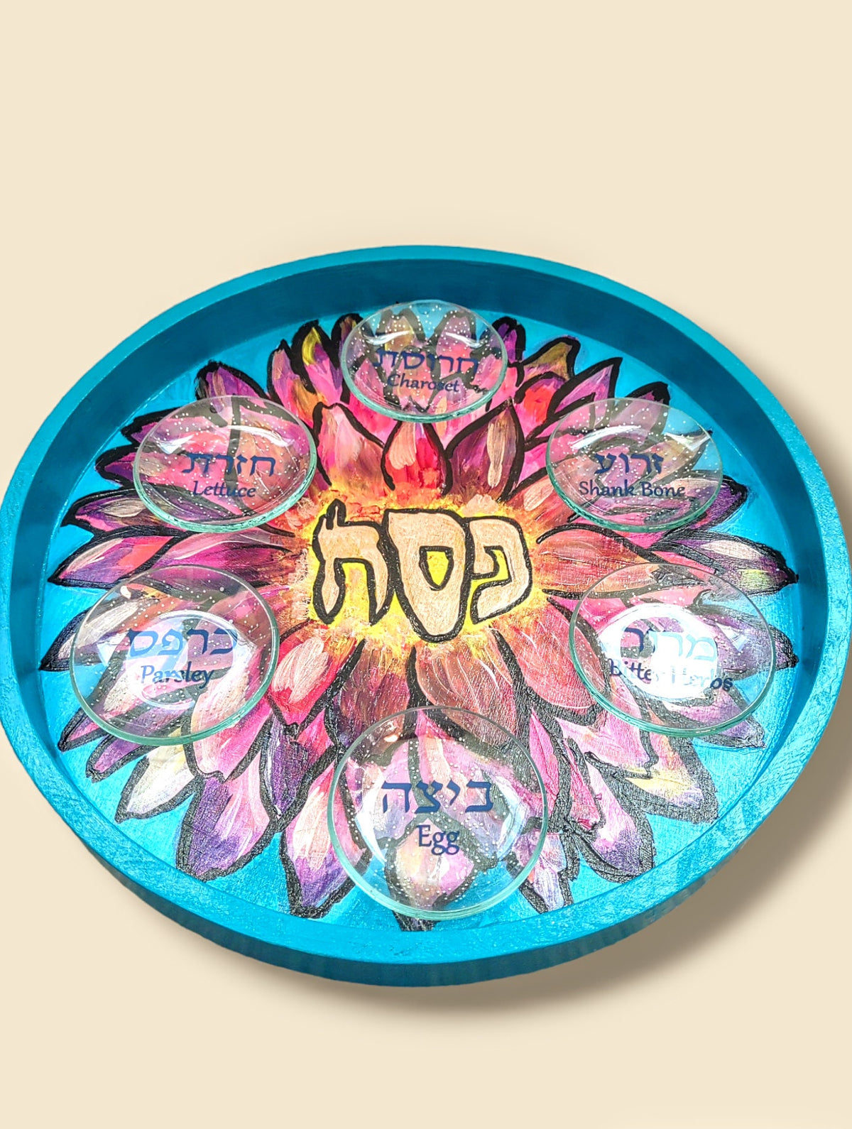 Spring Flower Passover Pesach Seder Plate Judaica hand-painted