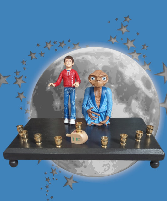 Collector E.T. Menorah ET and Elliot Pop Culture Judaica Hanukkiah Repurposed Toys