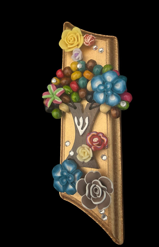 Tree of Life and Flowers Mezuzah Hand-Painted Wood Beads Polymer