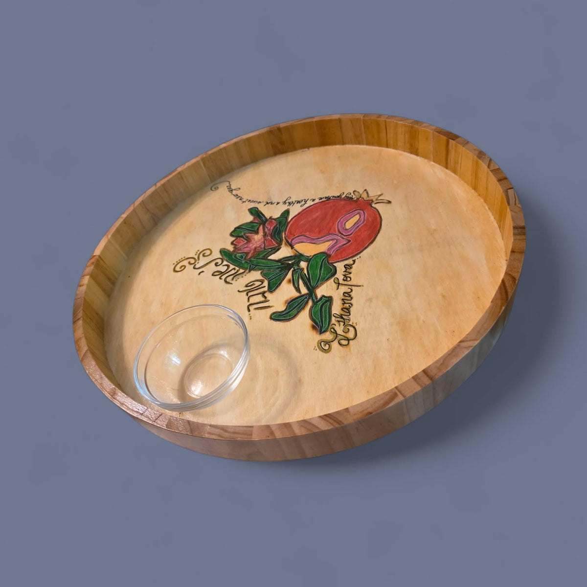 Hand-Painted Rosh Hashanah Challah & Apple Tray with Honey Dish | L’Shana Tova Wood Serving Board