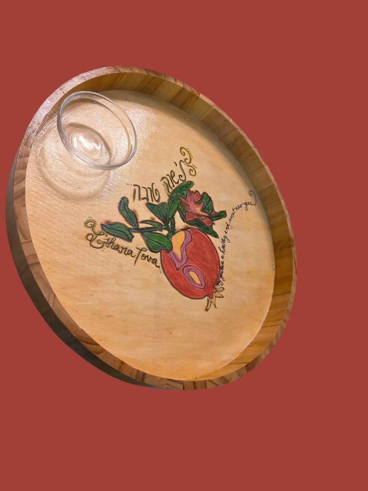 Hand-Painted Rosh Hashanah Challah & Apple Tray with Honey Dish | L’Shana Tova Wood Serving Board