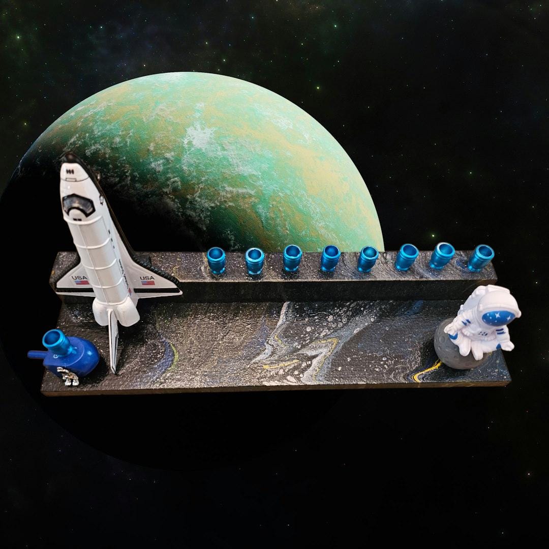 Outer Space Rocketship Space Shuttle Astronaut Menorah Jewish Judaica Gift