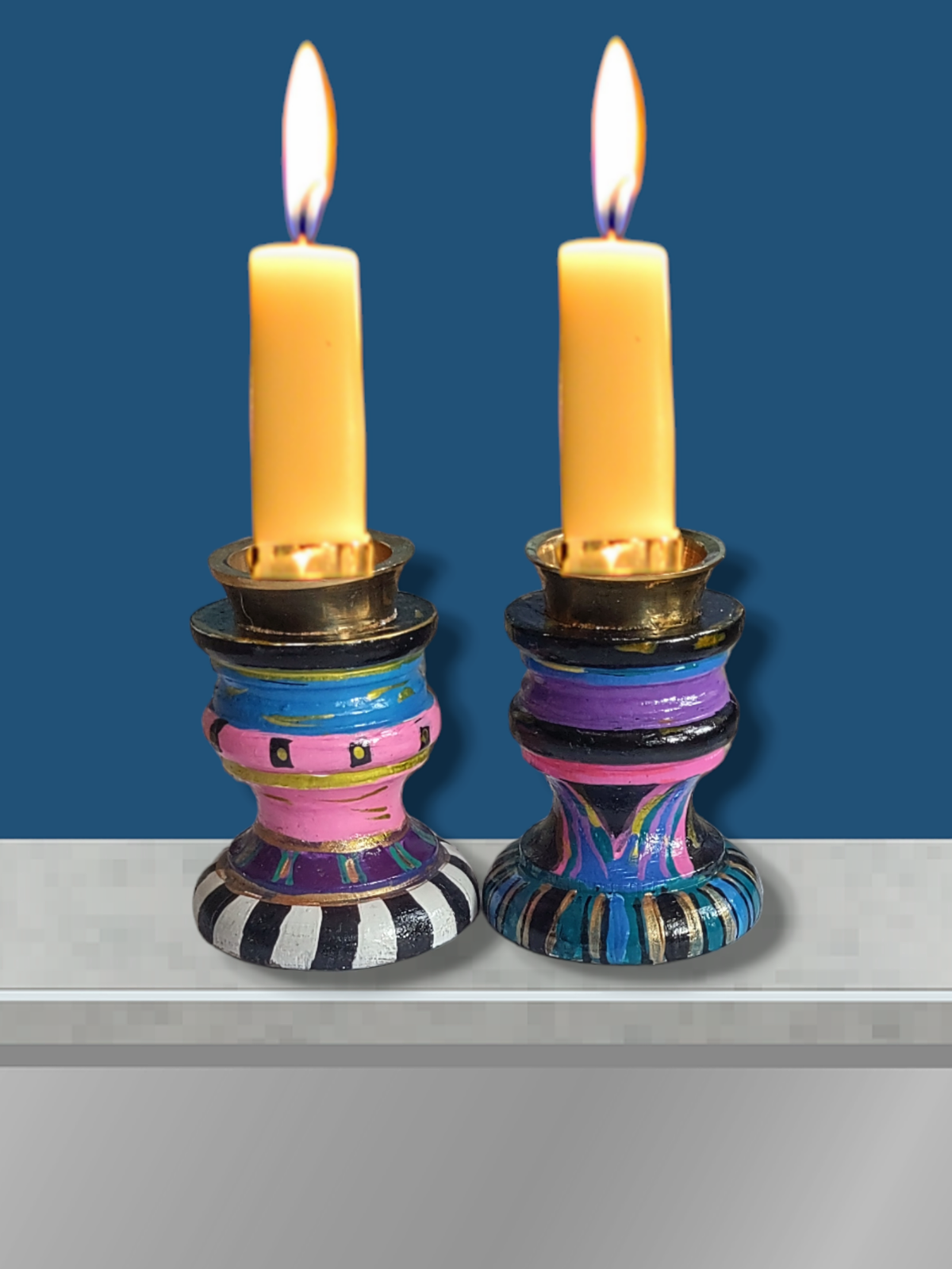 Mitzi – Hand-Painted Mismatched Shabbat Candlesticks
