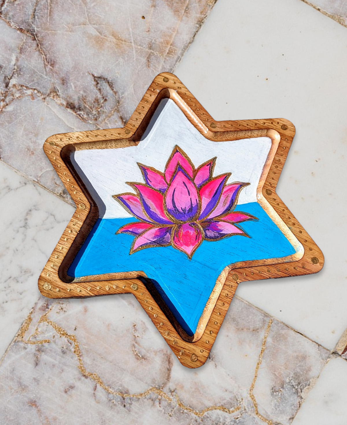 Lotus Star Serving Tray – Hand-Painted Wooden Star of David Tray