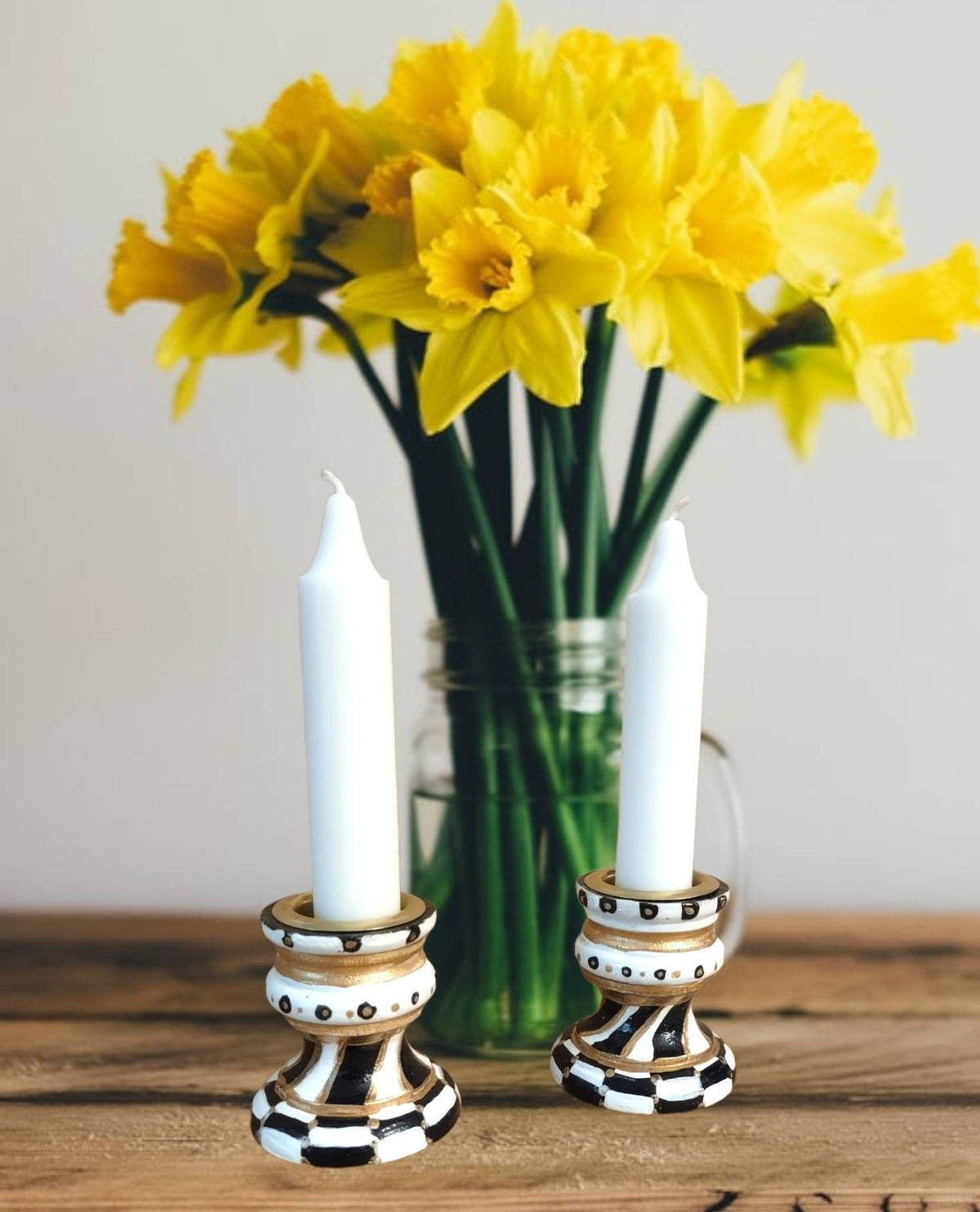 Golda Hand-Painted Shabbat Candlesticks | Black, Ivory & Gold Modern Judaica