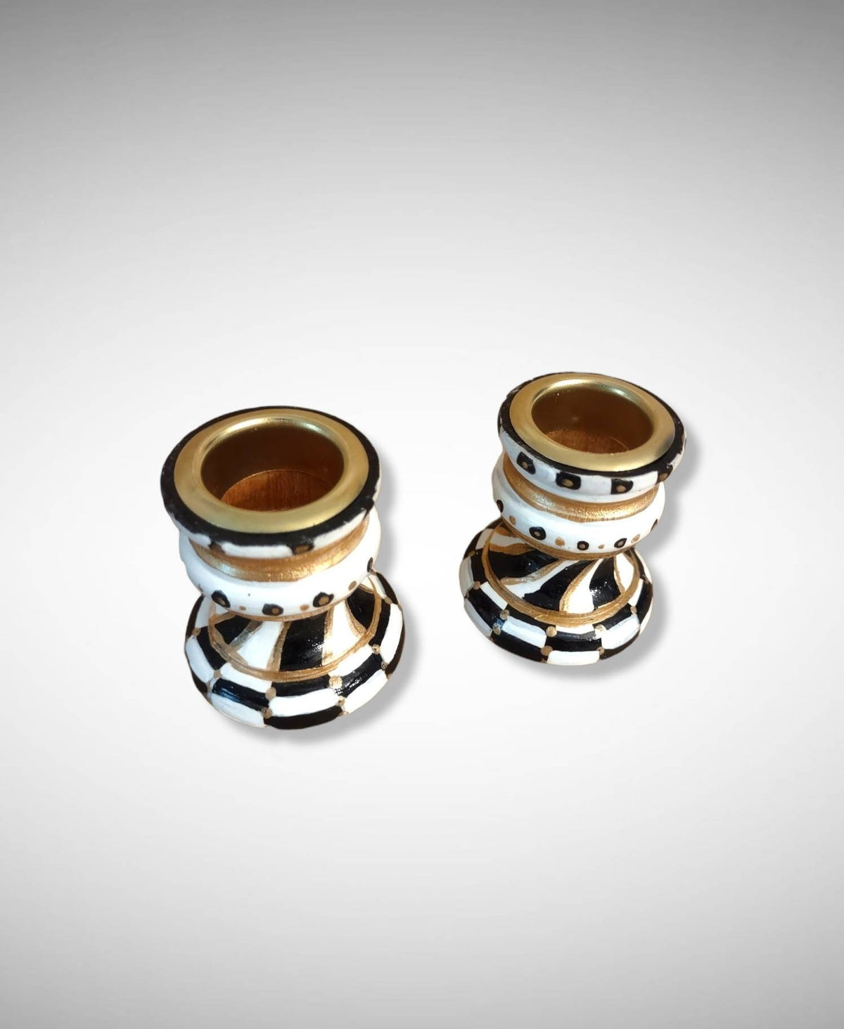 Golda Hand-Painted Shabbat Candlesticks | Black, Ivory & Gold Modern Judaica