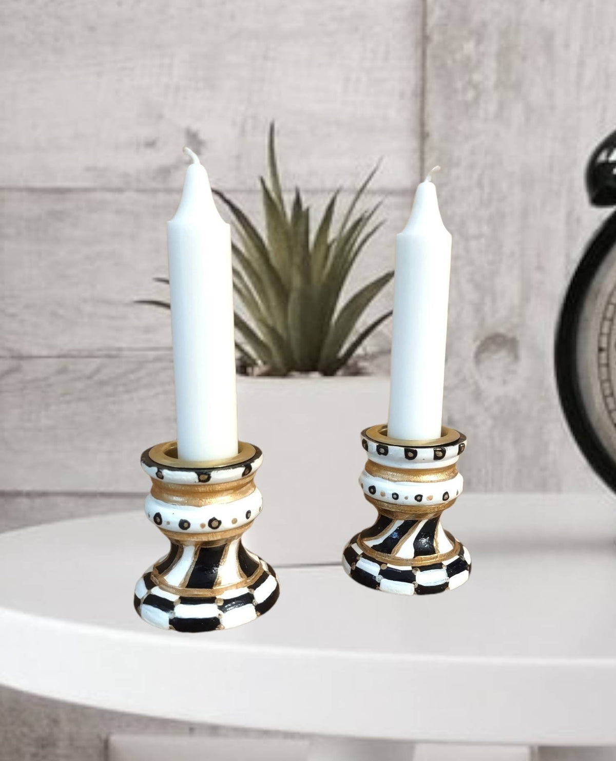 Golda Hand-Painted Shabbat Candlesticks | Black, Ivory & Gold Modern Judaica